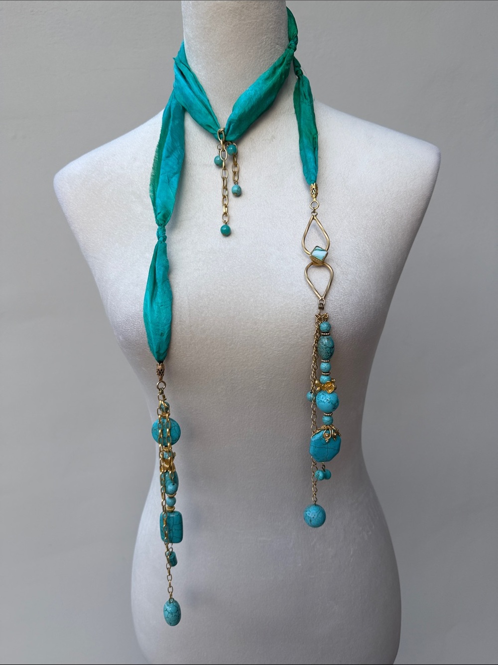 Turquoise Green Blue Silk Scarf Necklace Belt with Turquoise Gold accents Tassel
